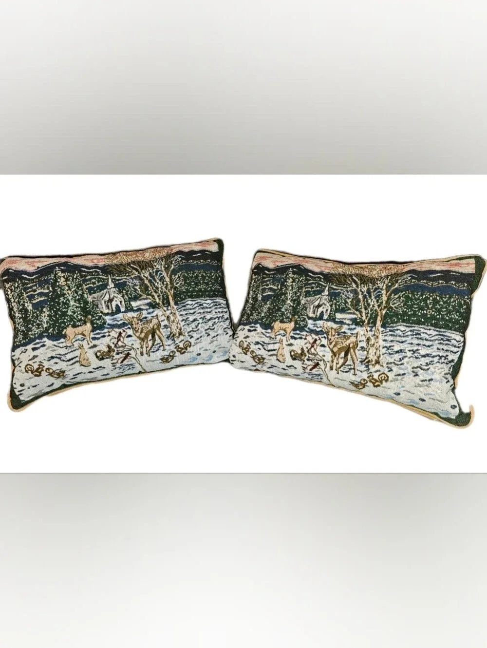 Winter Scene Tapestry Pillow Set of 2 Christmas Deer Church Cardinals Landscape